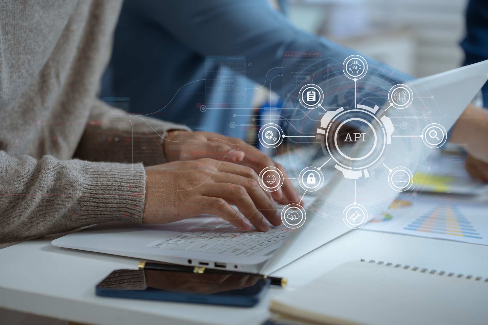 Modern technology and networking concept, woman using laptop,tablet and smartphone with virtual screen API icon Software development tool. API Application Programming Interface.